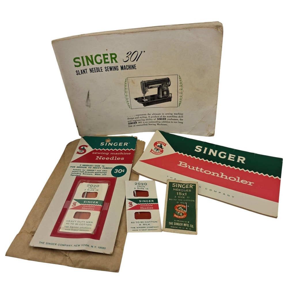 Singer 301 Slant Needle Manual Buttonholer Booklet & Needles Lot Fair Retro